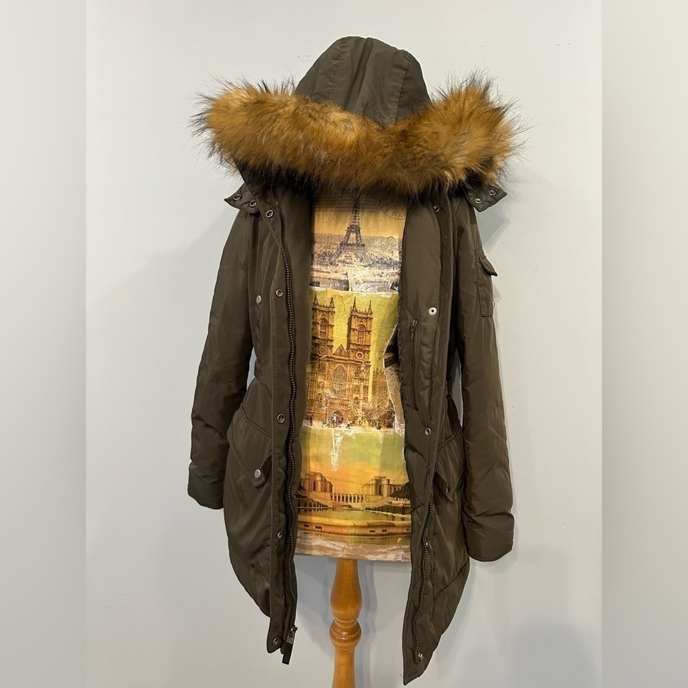Andrew Marc New York Full Zip Faux Fur Down Feather Hooded Olive Puffer Coat - Picture 4 of 9